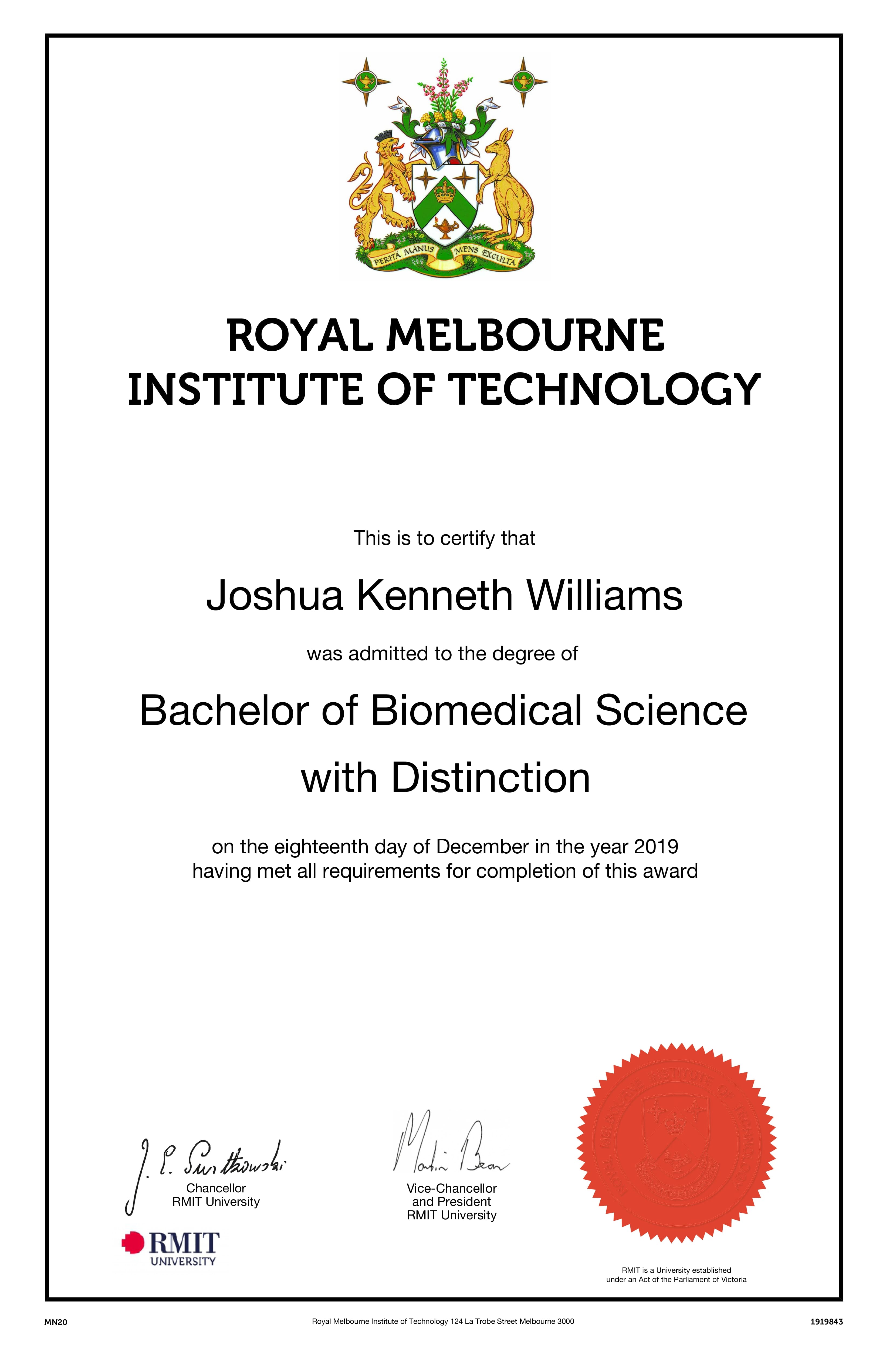 RMIT Bachelor of Biomedical Science certificate awarded to Joshua Kenneth Williams