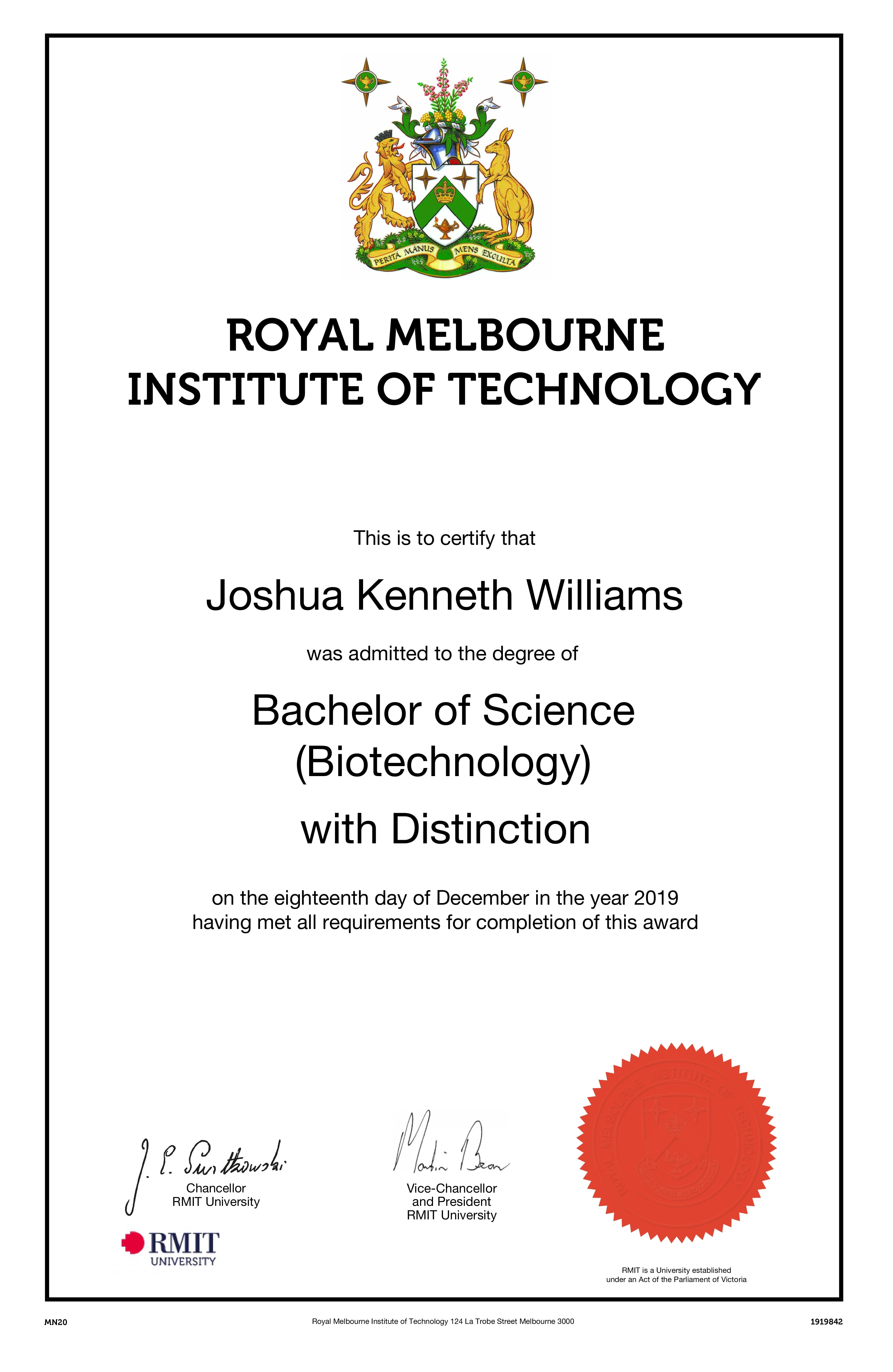 RMIT Bachelor of Science (Biotechnology) certificate awarded to Joshua Kenneth Williams