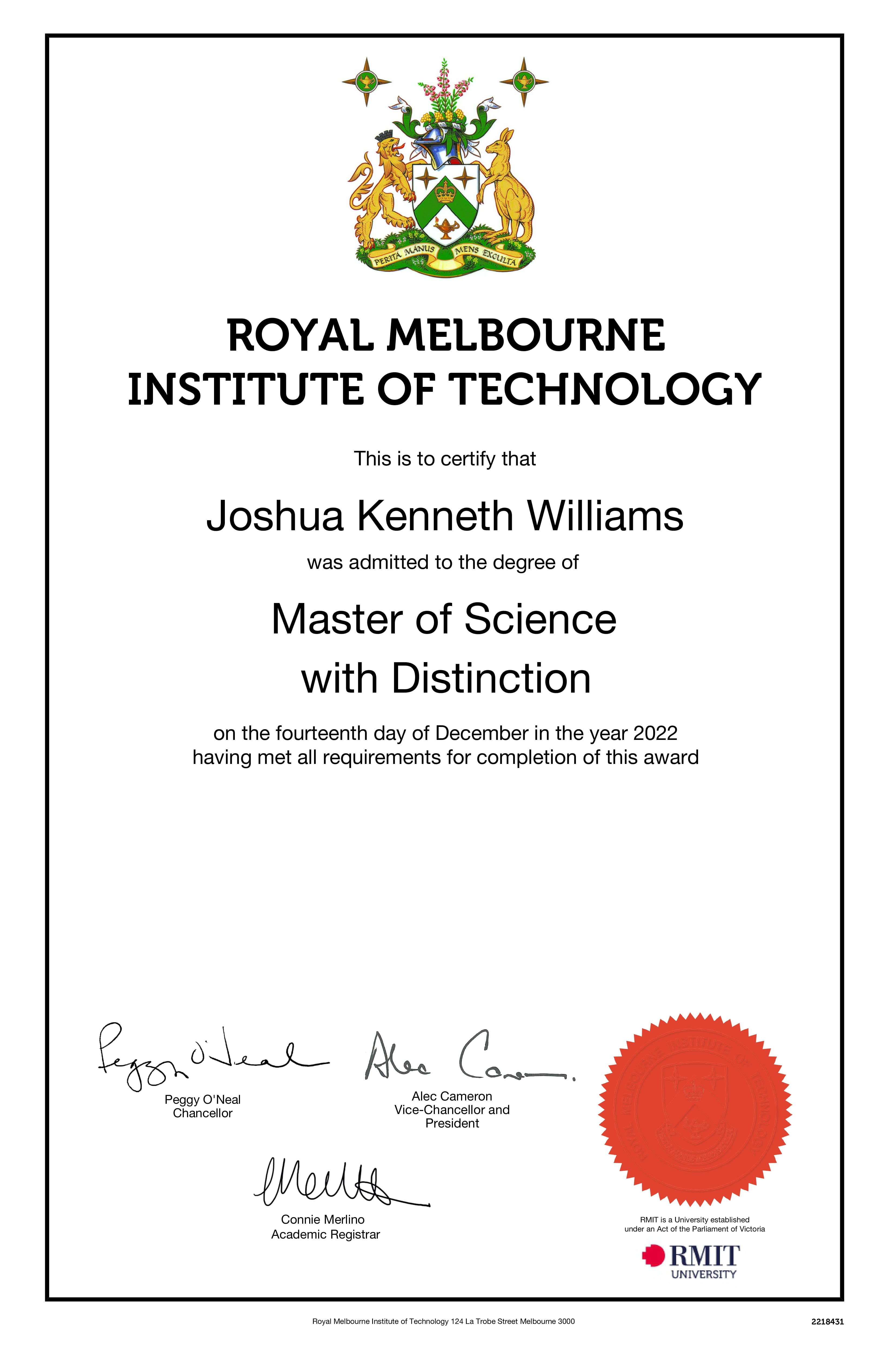 RMIT Master of Science certificate awarded to Joshua Kenneth Williams